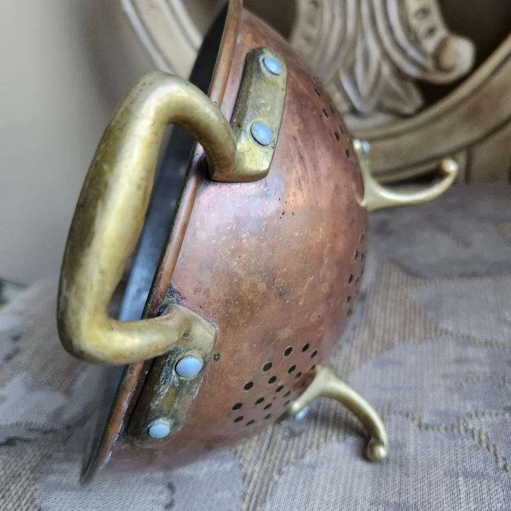 Antique copper colander with Brass Feet & Handles